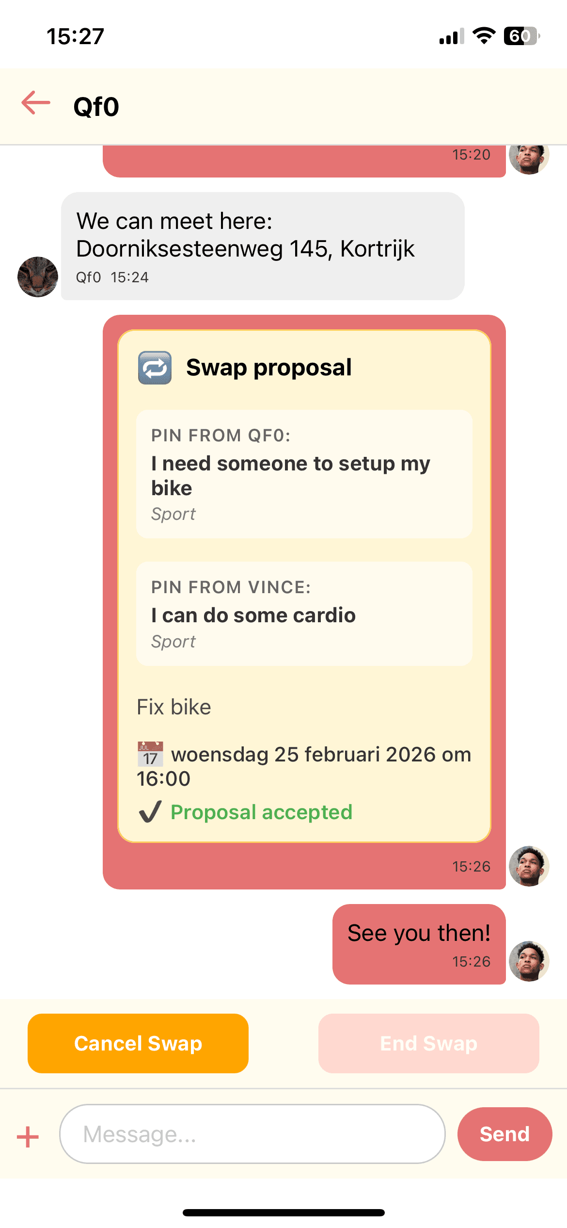 A swap proposal in a TalentSwapp chat